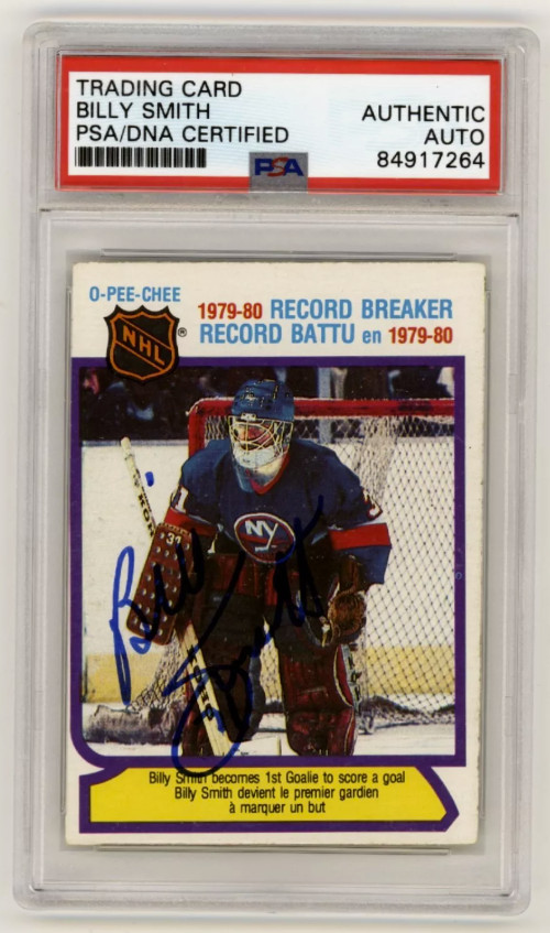 Billy Smith 1980-81 O-Pee-Chee OPC #5 Record Breaker Signed PSA Auth Auto Blue