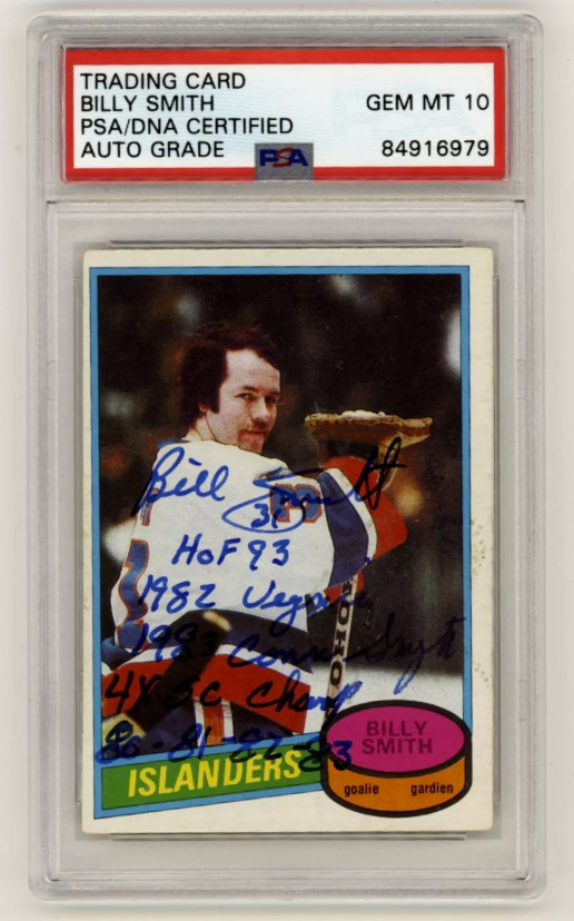 Billy Smith 1980-81 O-Pee-Chee OPC #60 Signed PSA 10 Auto w/ 5 Inscriptions HOF