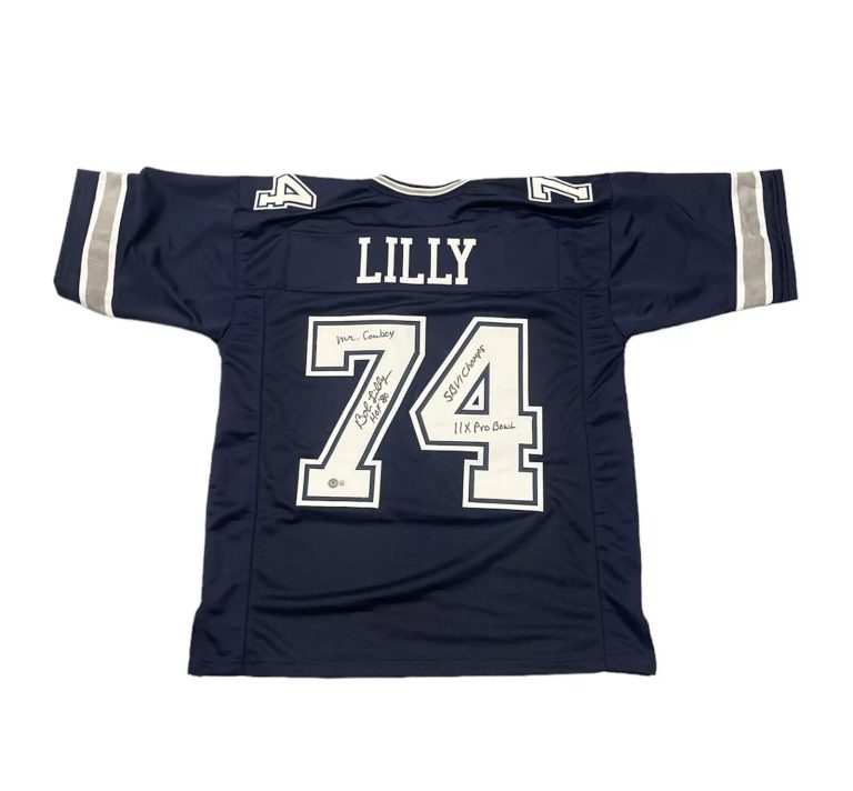 Bob Lilly Signed Dallas Cowboys Navy Custom Jersey w/ 4 Ins Beckett Wit BAS COA