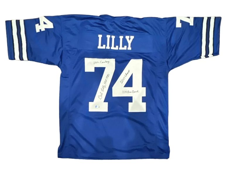Bob Lilly Signed Dallas Cowboys Blue Custom Jersey w/ 4 Ins Beckett Wit BAS COA