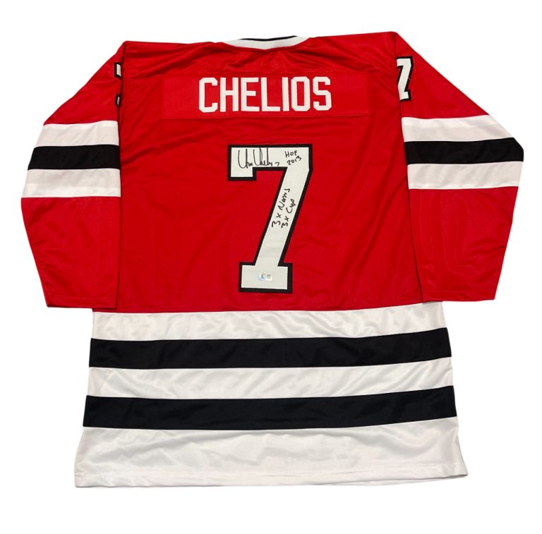Chris Chelios Signed Blackhawks Custom Jersey w/ 3x Ins Beckett Wit BAS COA