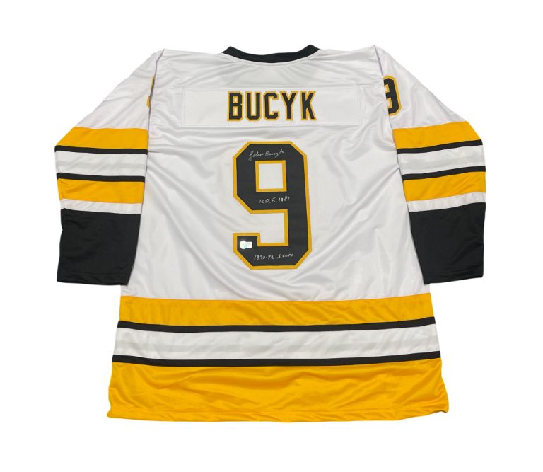 Johnny Bucyk Signed Boston Bruins Custom Jersey w/ HOF + SC Beckett BAS COA