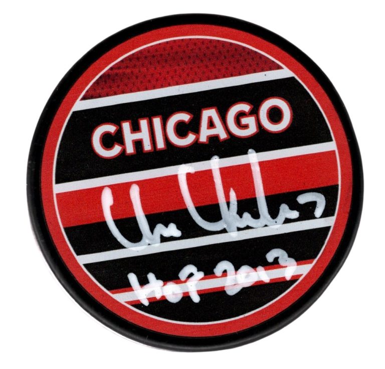 Chris Chelios Signed Blackhawks Reverse Retro Puck w/ HOF 2013 Beckett W BAS COA