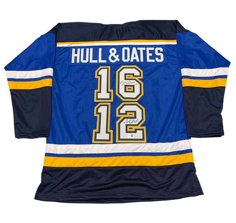 Brett Hull & Adam Oates Dual Signed Blues Custom Jersey Beckett Witness BAS COA