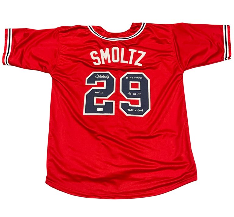 John Smoltz Signed Atlanta Braves Custom Jersey w/ 4 Ins Beckett Witness BAS COA