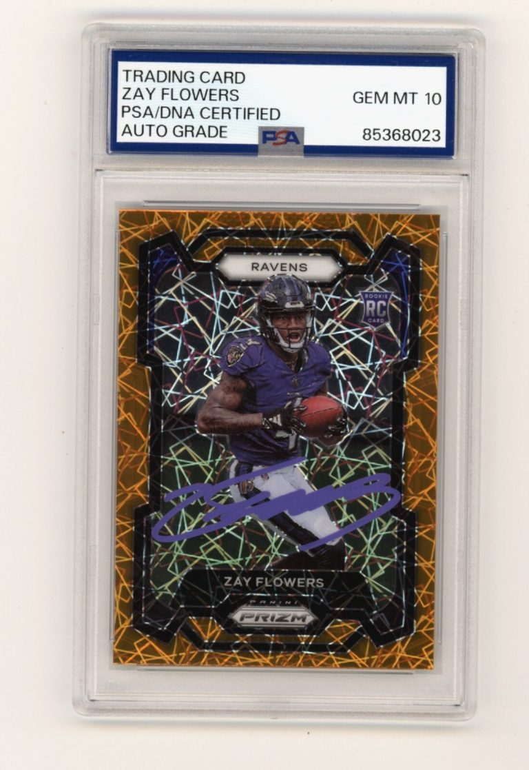 Zay Flowers 2023 Panini Prizm Orange Lazer 307 Rookie RC Signed 10 Auto PSA DNA