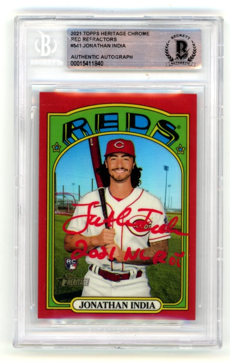 Jonathan India 2021 Topps Heritage Chrome Red Ref Auto /372 RC Insc BGS BAS Auto