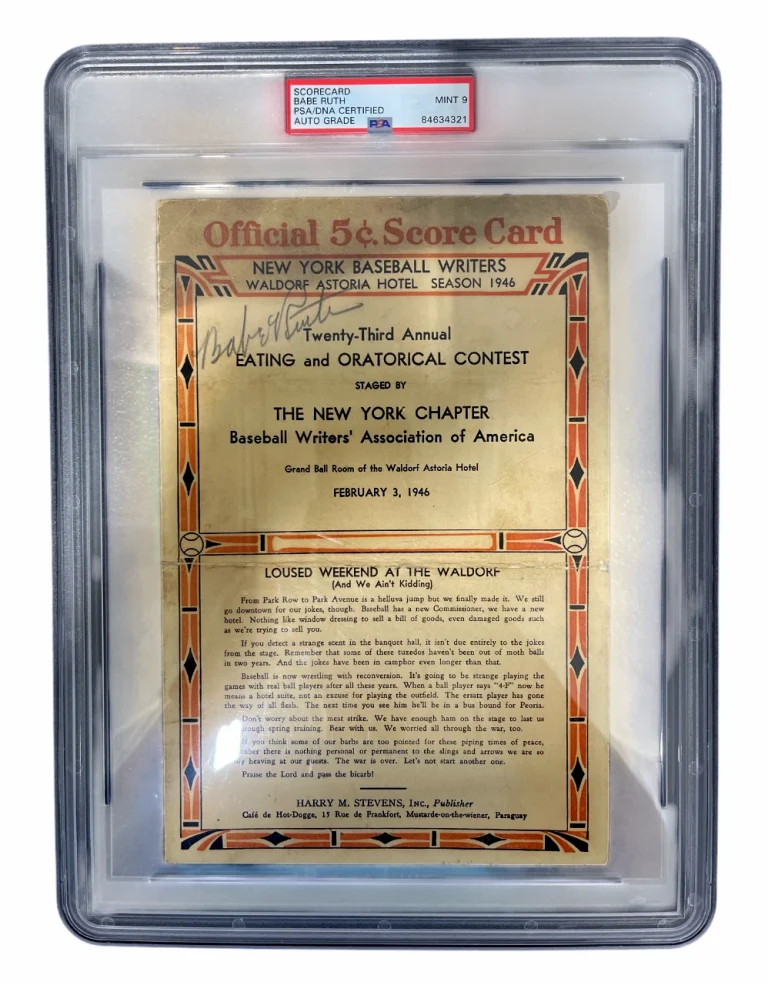 Babe Ruth Signed 1946 NY BBWAA Eating Contest Official Scorecard PSA 9 Auto MINT