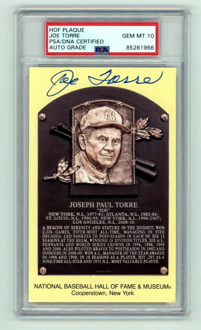 Joe Torre Signed Yellow HOF Plaque Post Card w/ Induction Day Stamp PSA 10 Auto