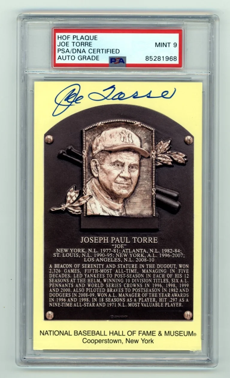 Joe Torre Signed Yellow HOF Plaque Post Card w/ Induction Day Stamp PSA 9 Auto
