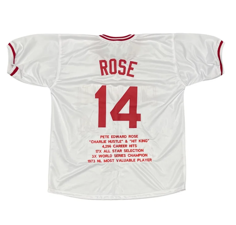 Pete Rose UNSIGNED Cincinnati Reds White Custom Jersey w/ Career Stats Stitched