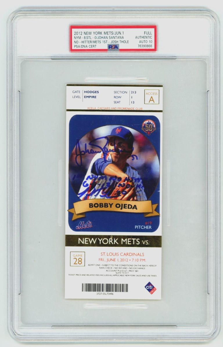 Johan Santana Josh Thole Signed Mets 1st No-Hitter Season Ticket Ins PSA 10 Auto