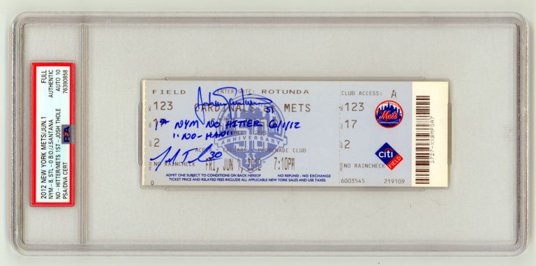 Johan Santana Josh Thole Signed Mets 1st No-Hitter Ticket w/ 2 Insc. PSA 10 Auto