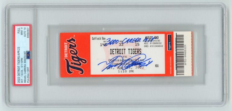 Miguel Cabrera Signed 3000th Hit Ticket 4/23/2022 w/ Inscription PSA 9 + Auto 10