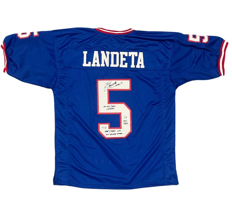 Sean Landeta Signed NY Giants Custom Jersey w/ 3 Ins Beckett Witness BAS COA