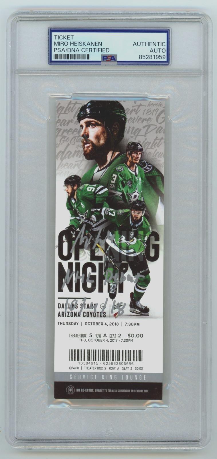 Miro Heiskanen Signed NHL Debut Game Ticket 10/4/18 w/ Insc. PSA Auth Auto Stars