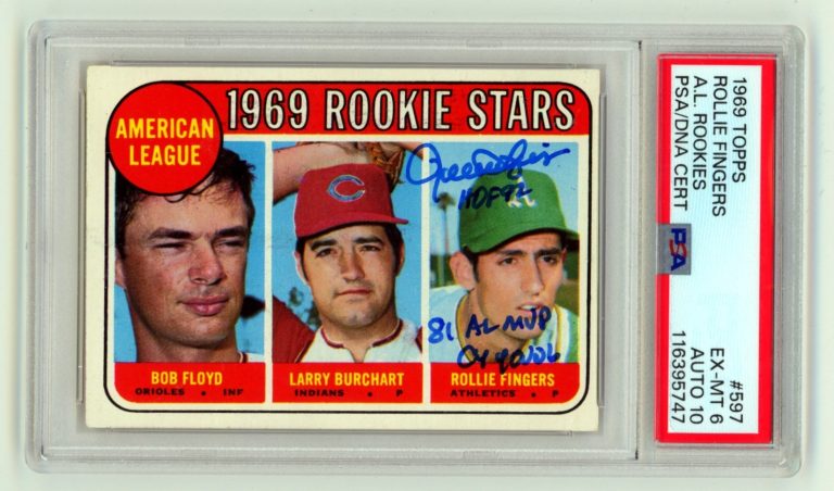 Rollie Fingers 1969 Topps High #597 Rookie RC w/ 3 Insc. Signed PSA 6 Auto 10