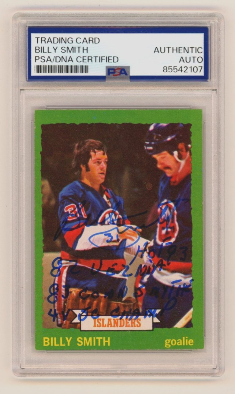 Billy Smith 1973-74 O-Pee-Chee OPC Rookie RC #142 Signed w/ 4 Insc PSA Auto