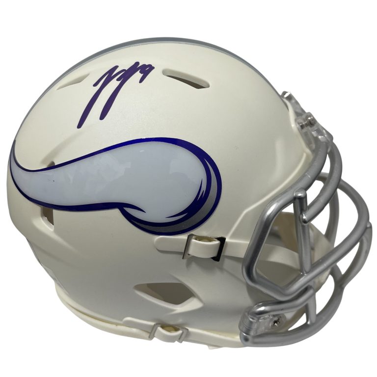 J.J. McCarthy Signed Vikings White Alt 2024 Mini Helmet Beckett Witness BAS COA