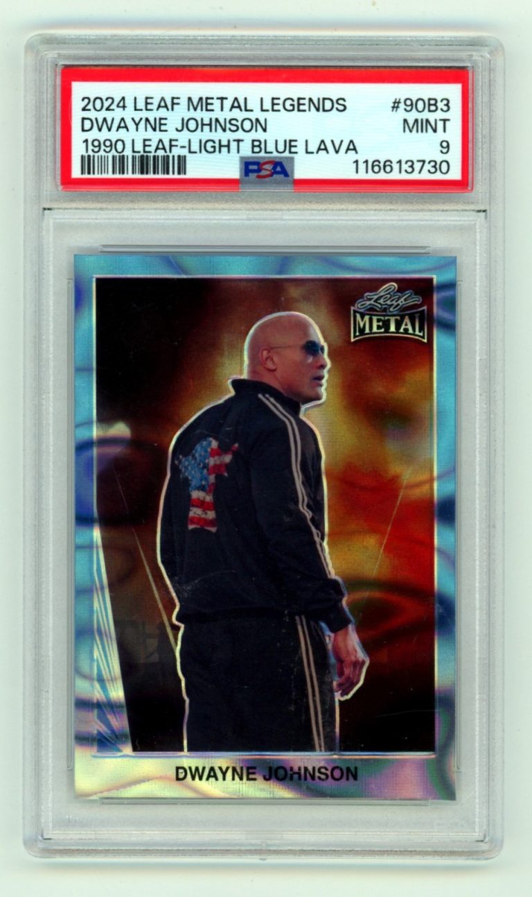 Dwayne Johnson 2024 Leaf Metal Legends #90B3 1990 Leaf Light Blue Lava /8 PSA 9