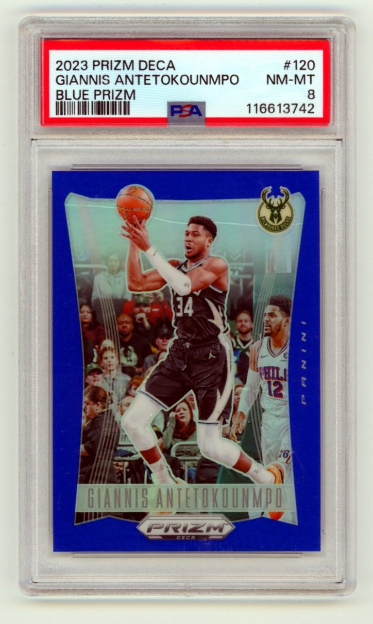 Giannis Antetokounmpo 2023-24 Panini Prizm Deca Blue Prizm #/149 PSA 8 Bucks