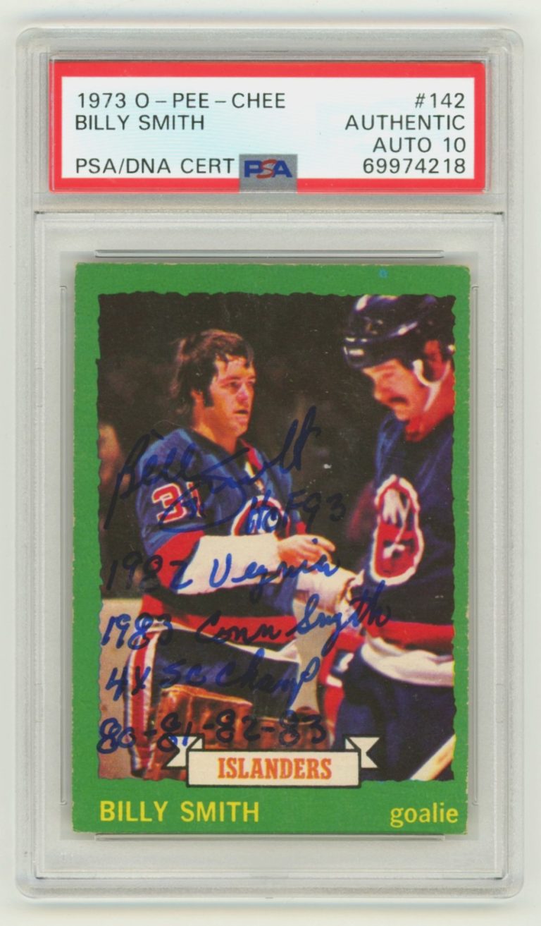 Billy Smith 1973-74 O-Pee-Chee OPC Rookie RC #142 Signed w/ 5 Insc PSA 10 Auto