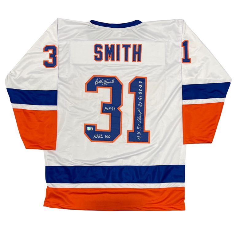 Billy Smith Signed New York Islanders Custom Jersey w/ 3 Ins Beckett Wit BAS COA