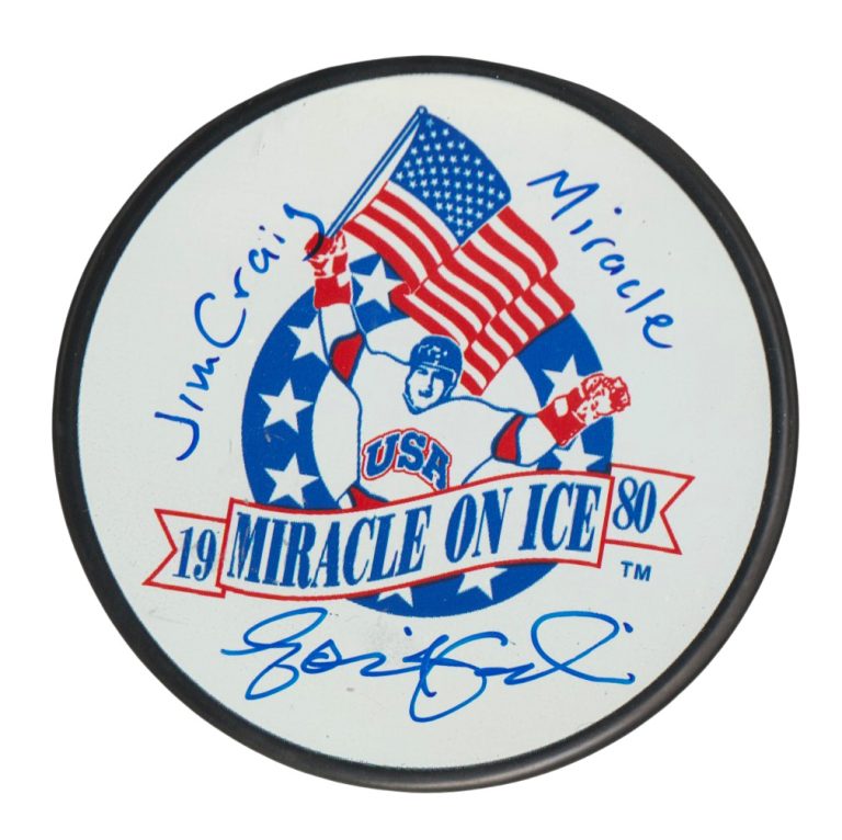 Eddie Cahill Signed Miracle on Ice Logo Puck w/ Jim Craig + Ins. Beckett BAS COA