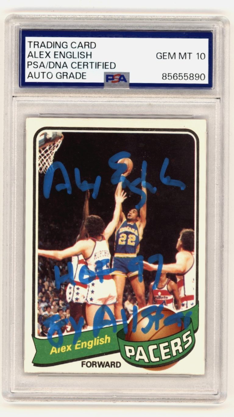 Alex English 1979-80 Topps #31 Signed Rookie RC w/ 2 Ins. PSA 10 Auto Pacers HOF