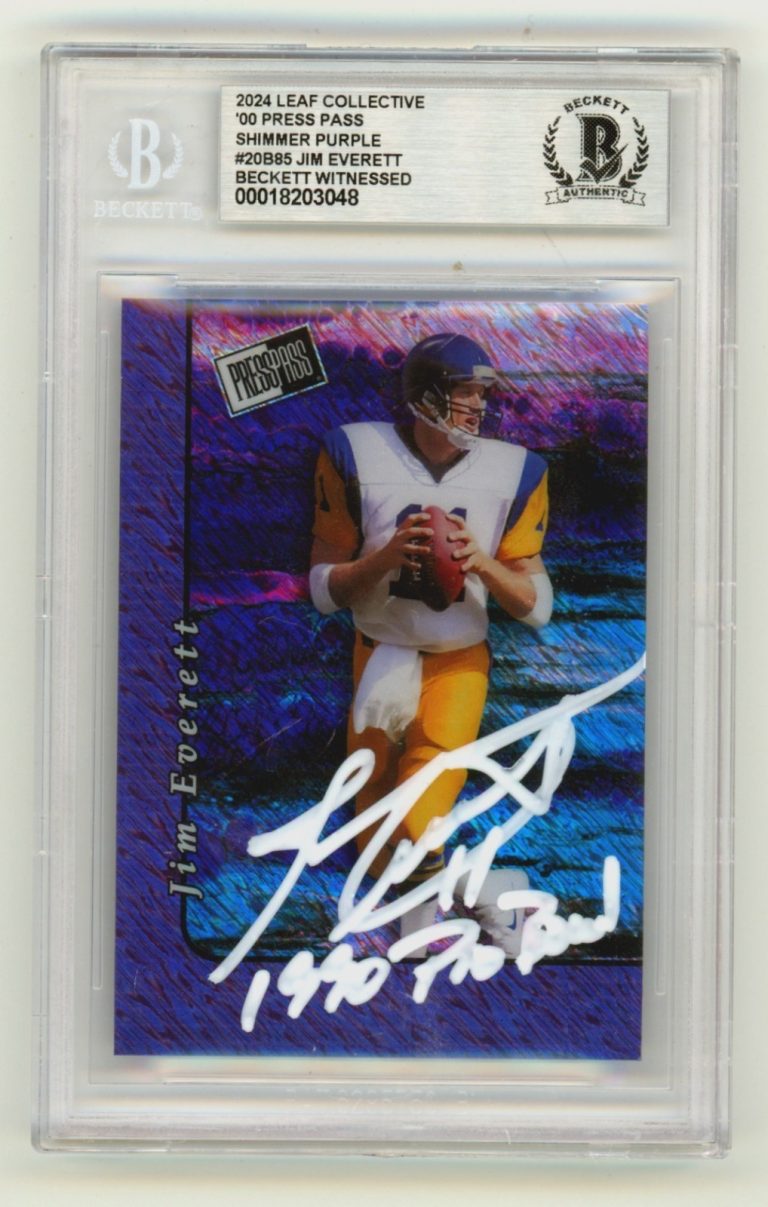 Jim Everett 2024 Leaf Press Pass Signed Shimmer Purple 1/1 w/ Insc. BGS BAS Auto