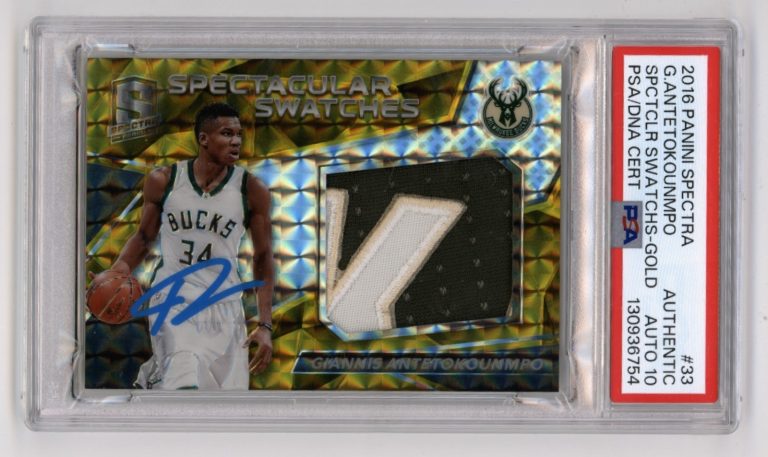 Giannis Antetokounmpo 2016-17 Spectra Gold Prizm Patch Signed #8/10 PSA 10 Auto