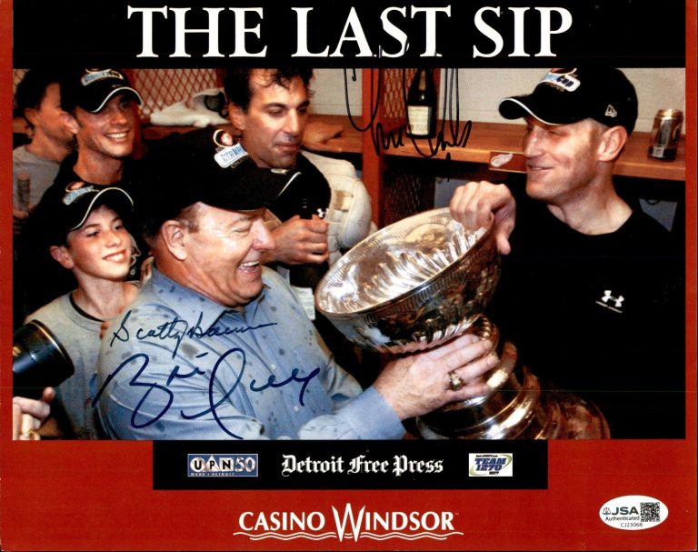 Bowman Hull & Chelios Signed Detroit Red Wings Free Press Cup 8x10 Photo JSA COA