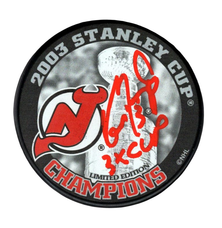 Ken Daneyko Signed 2003 Stanley Cup NJ Devils Logo Puck w 3x Cup JSA Witness COA
