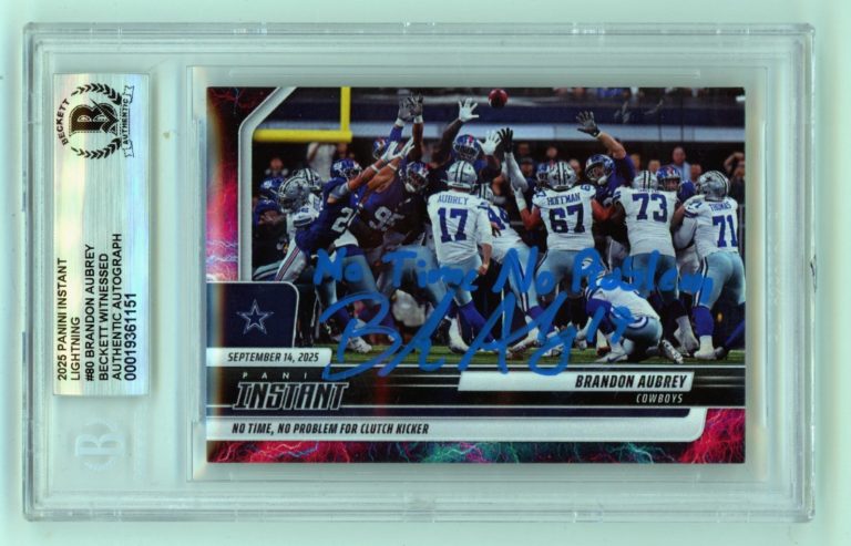Brandon Aubrey 2025 Panini Instant Lightning Signed w/ Insc #/5 Beckett BGS Auto
