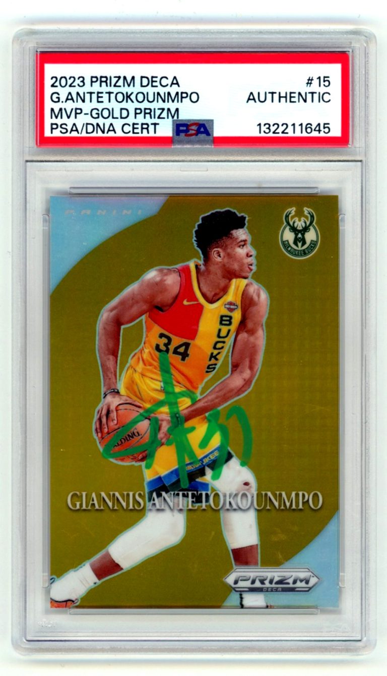 Giannis Antetokounmpo 2023-24 Prizm Deca 15 MVP Gold Prizm Signed #4/10 PSA Auto