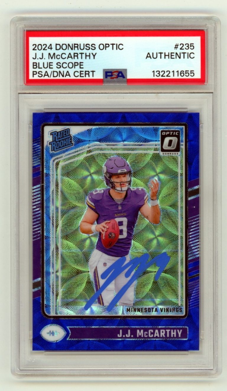 J.J. McCarthy 2024 Donruss Optic Blue Scope Prizm Signed Rookie RC SP PSA Auto