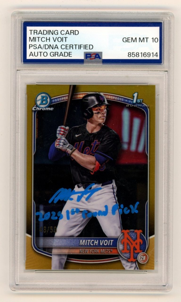 Mitch Voit 2025 Bowman Chrome Signed 1st Gold Ref RC #48/50 w/ Insc. PSA 10 Auto