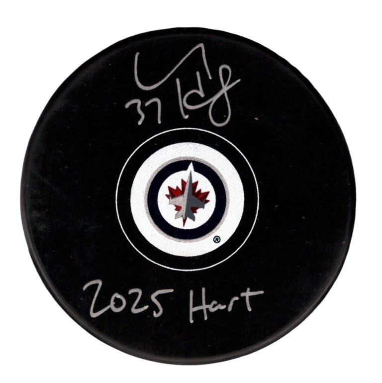 Connor Hellebuyck Signed Winnipeg Jets Logo Puck w/ 2025 Hart Insc. Fanatics COA