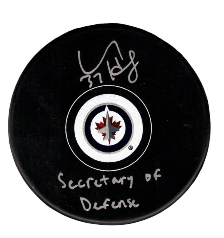 Connor Hellebuyck Signed Jets Logo Puck Secretary of Defense Insc. Fanatics COA