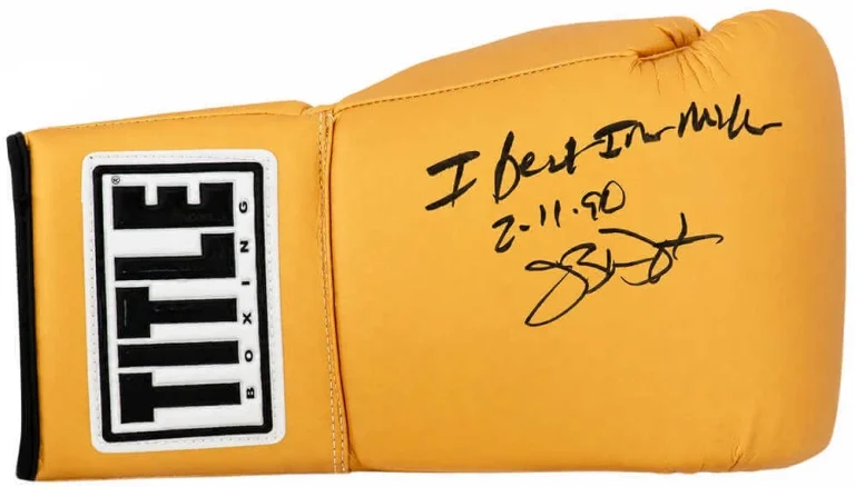 James Buster Douglas Signed Title Gold Boxing Glove w/I Beat Iron Mike -(SS COA)