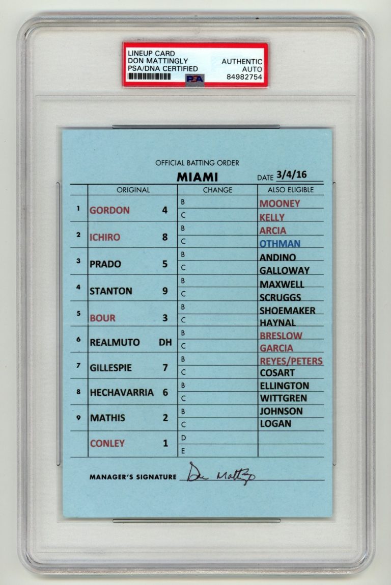 Don Mattingly Signed Marlins Official GU Lineup Card 3/4/16 PSA Authentic Auto