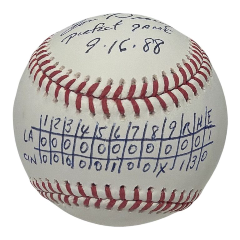 Tom Browning Signed Autographed ROMLB Baseball w/ PG Line Score Ins JSA COA Reds
