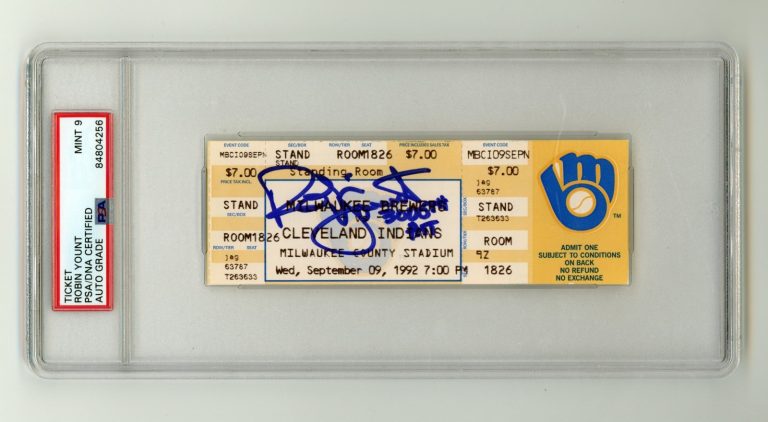 Robin Yount Signed 3000th Hit Game Ticket 9/9/1992 w/ 3000th Hit Insc PSA 9 Auto