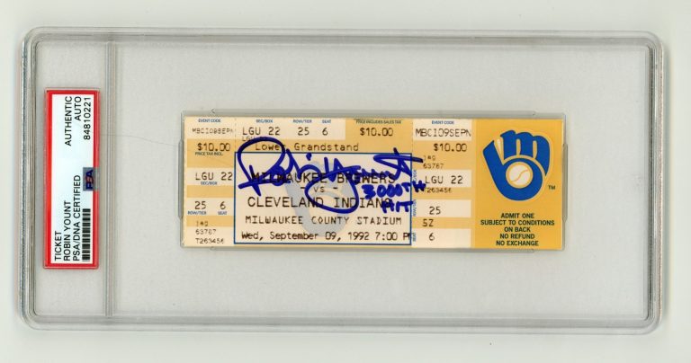 Robin Yount Signed 3000th Hit Game Ticket 9/9/1992 w/ Insc. PSA Authentic Auto