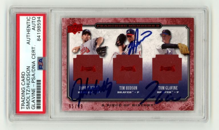 John Smoltz Tim Hudson Tom Glavine 2008 UD Piece of History #/99 Signed PSA Auto