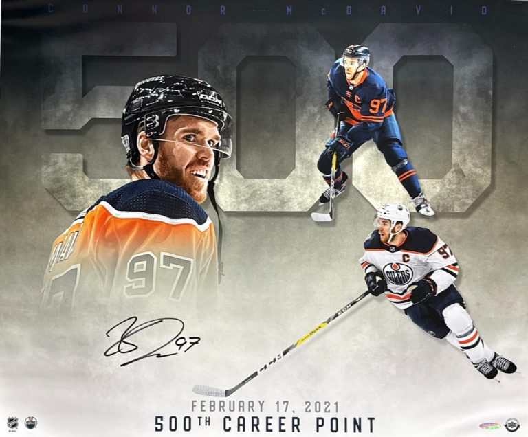 Connor McDavid Signed 500th Career Point 20x24 Photo Upper Deck UDA COA Oilers