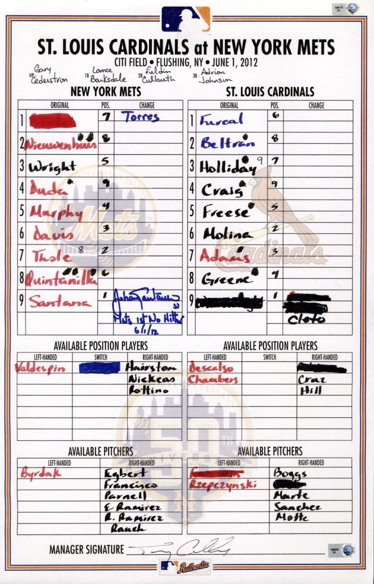 Johan Santana Signed No Hitter Replica Lineup Card w/ Mets 1st No Hitter MLB COA