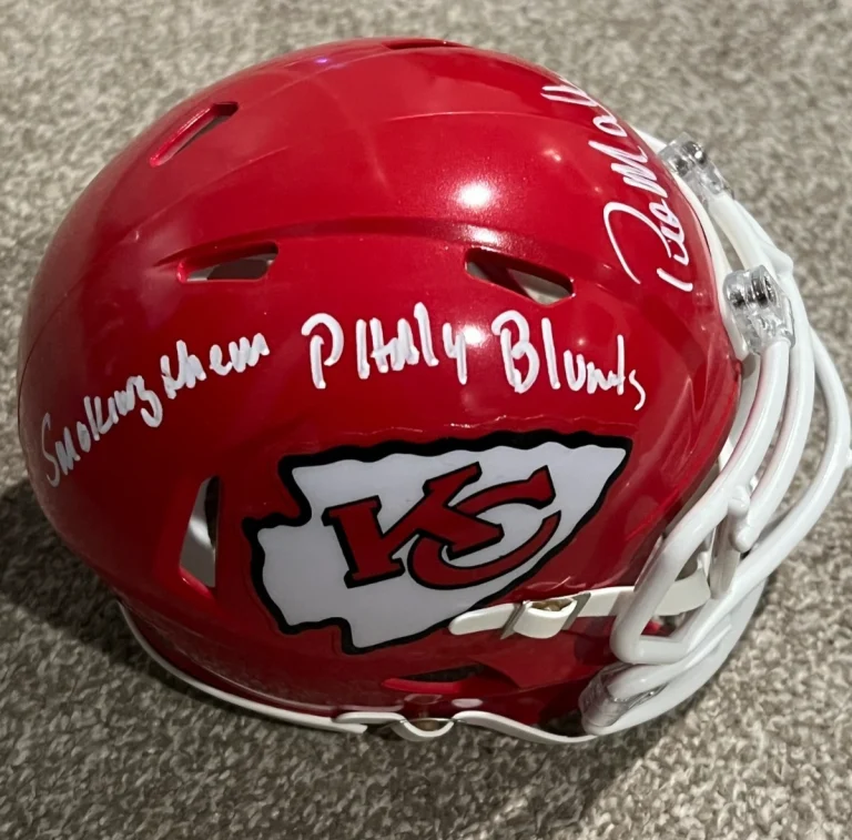 PAT MAHOMES SR SIGNED FOOTBALL MINI HELMET AUTO CHIEFS SMOKING THEM PHILLY BLUNT