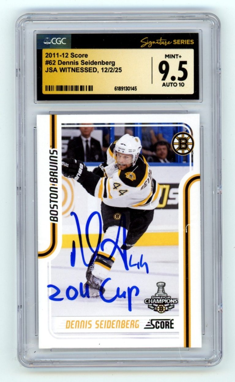 Dennis Seidenberg 2011-12 Score #62 Signed w/ 2011 Cup Insc. JSA CGC 9.5 10 Auto