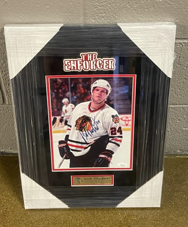 Bob Probert Signed Framed Chicago Blackhawks Bloody 8x10 Photo JSA COA